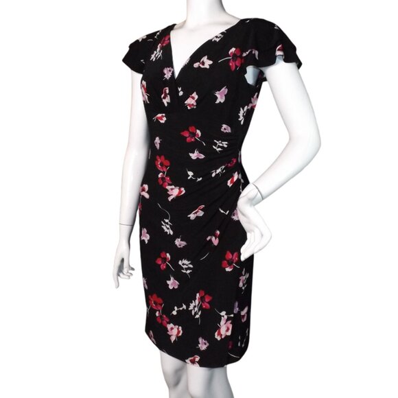 LAUREN RALPH LAUREN Dress, 8/M, Black/Red floral, Layered Flutter sleeve, V-neck - Picture 4 of 11